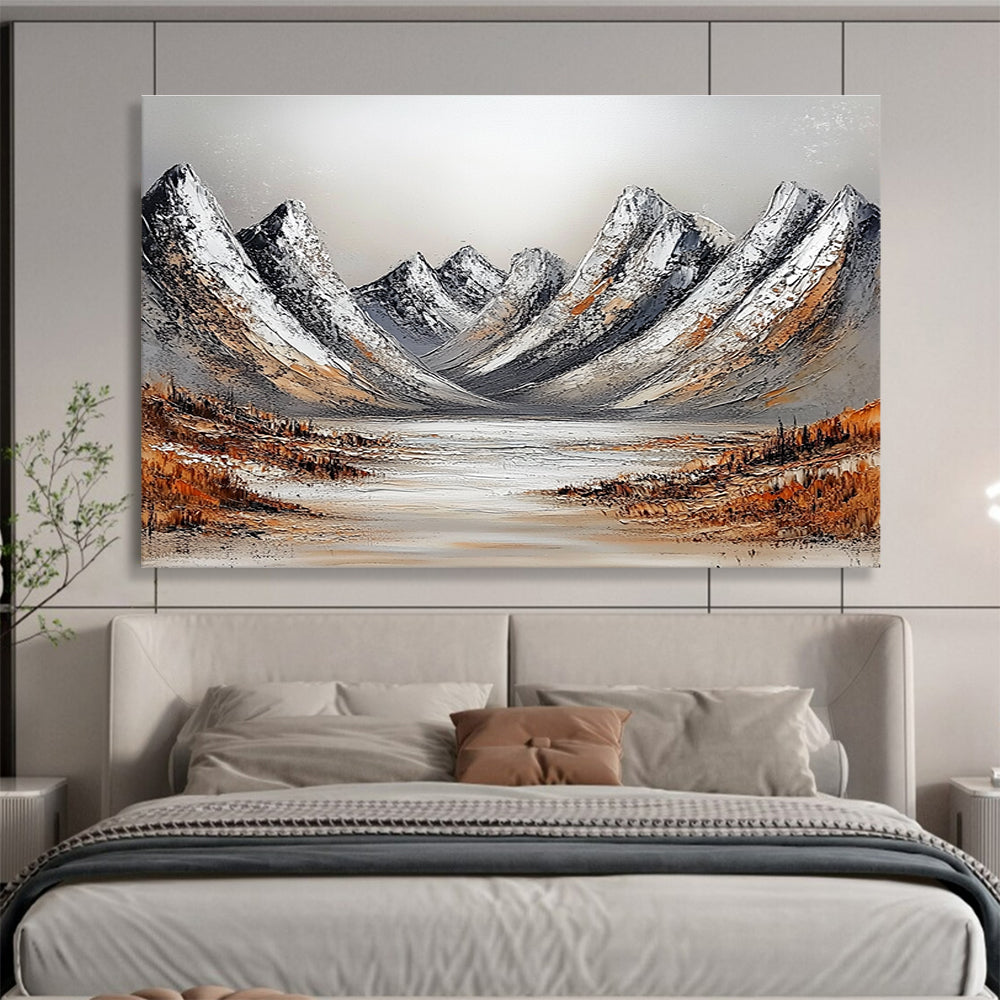 Snowy Mountain Range Textured Abstract Painting with White and Brown Tones DYP608