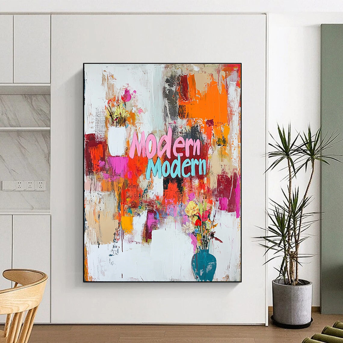 A large abstract painting featuring vibrant "Modern Modern" text in dynamic colors with energetic brush strokes and splashes creating a joyful composition.STSC1024