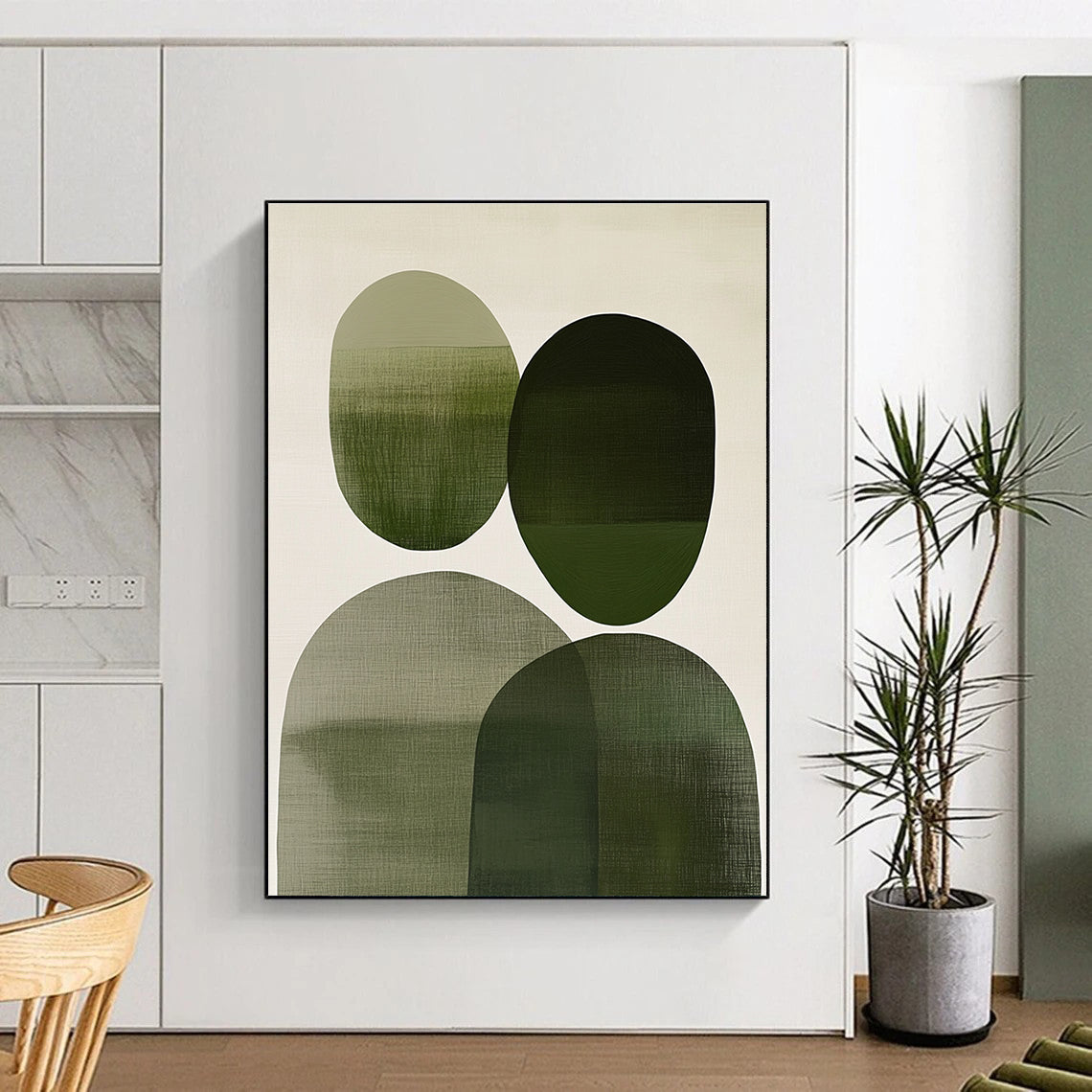 Large abstract painting with overlapping green and gray circles on off-white evoking connection and tranquility, ideal for home decor.STSC1083