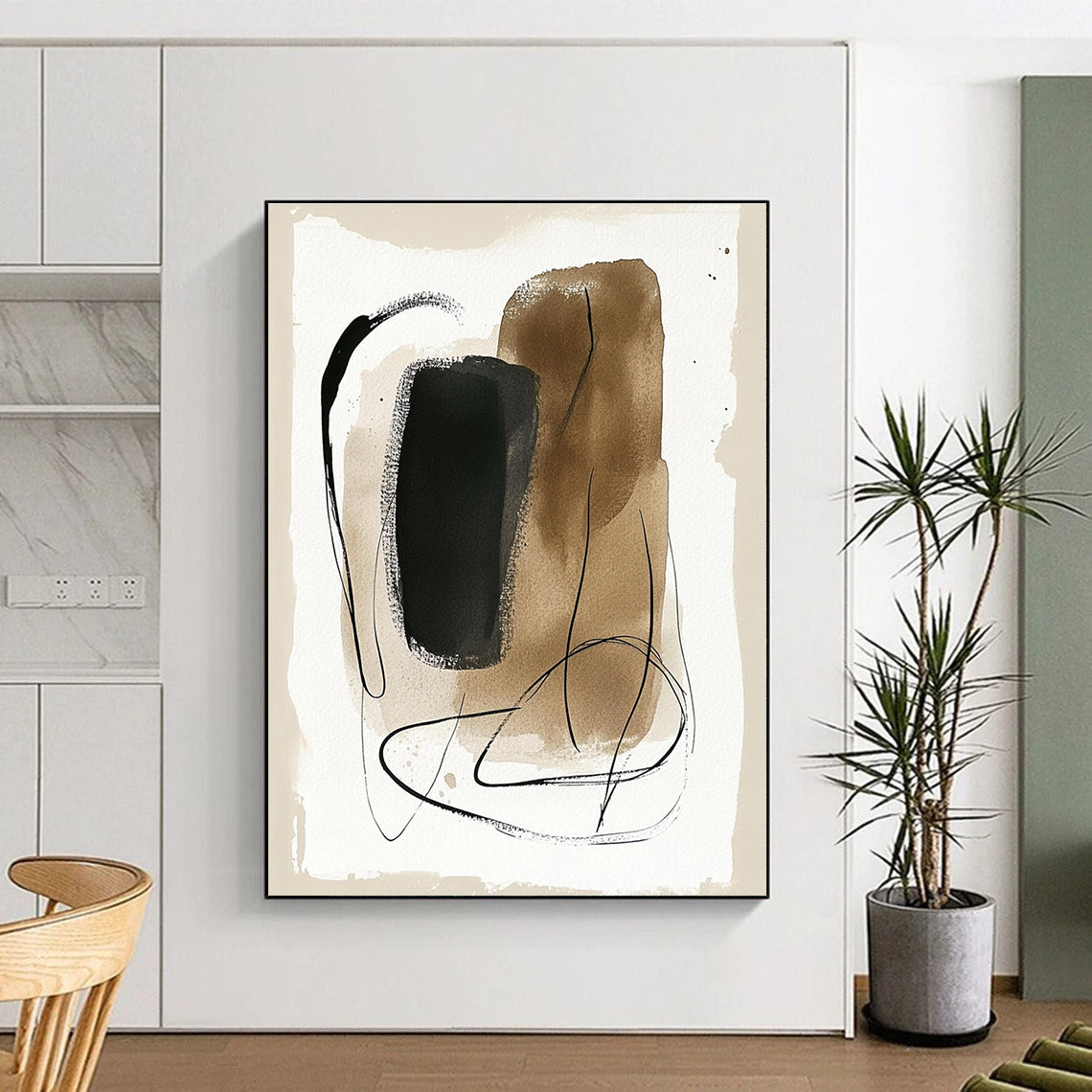 Abstract painting featuring minimalist wavy shapes and lines with black brush strokes and pastel colors on a beige background.STSC1463