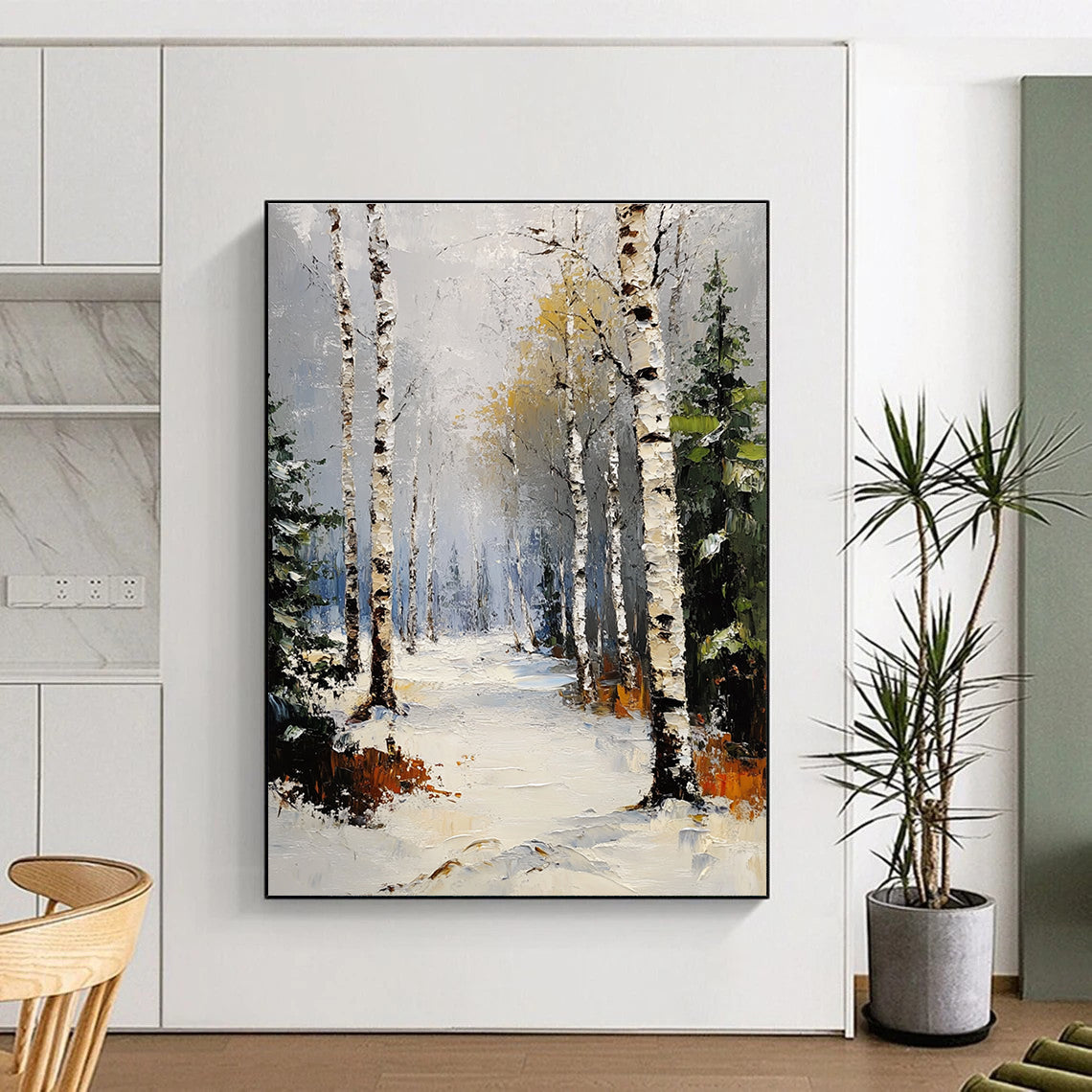 Abstract painting of a winter birch forest with pines under a grey sky and snowfall featuring thick impasto brush strokes.STSC1381