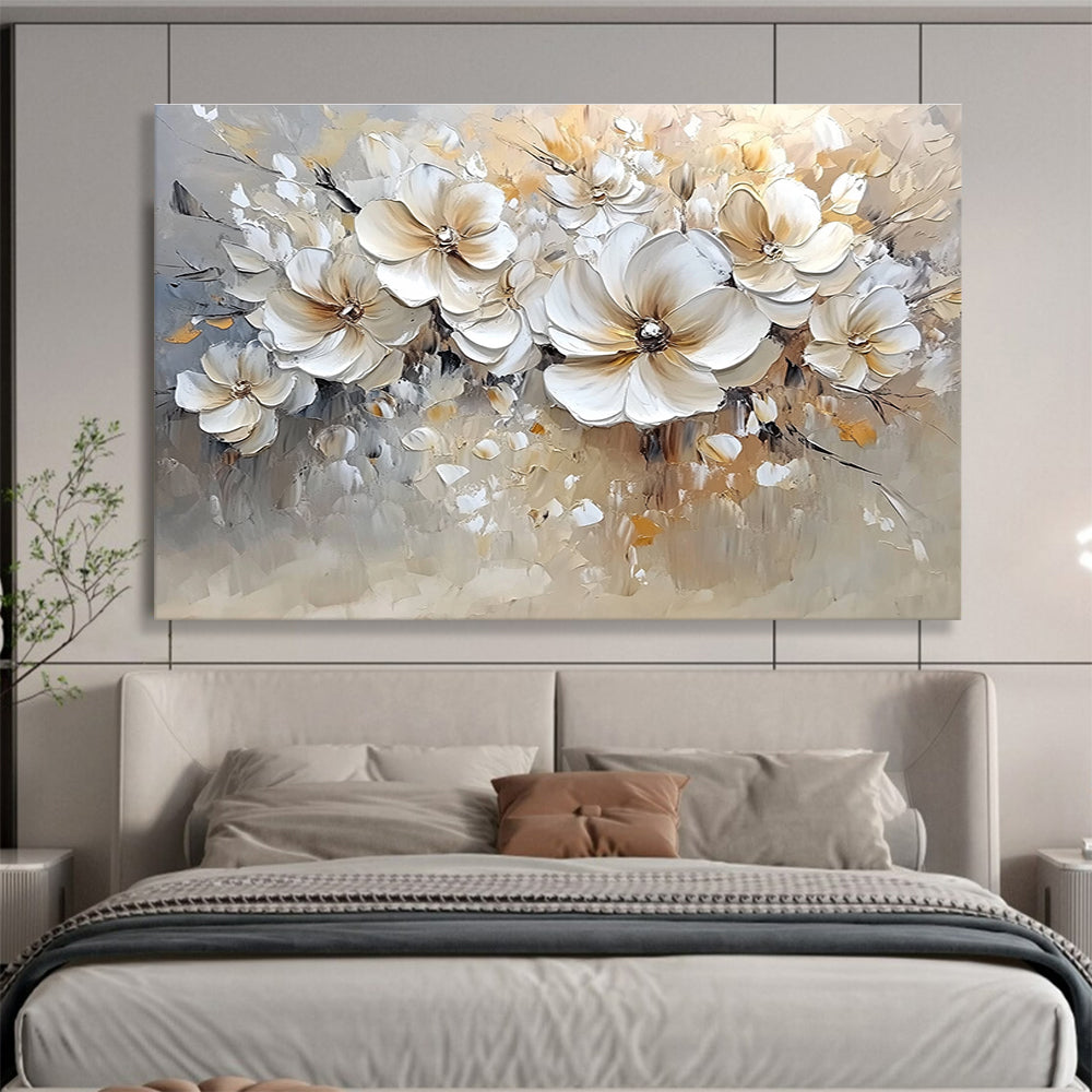 Large abstract painting featuring soft colors in white and beige with bold brush strokes and low detail of flowers.SC001