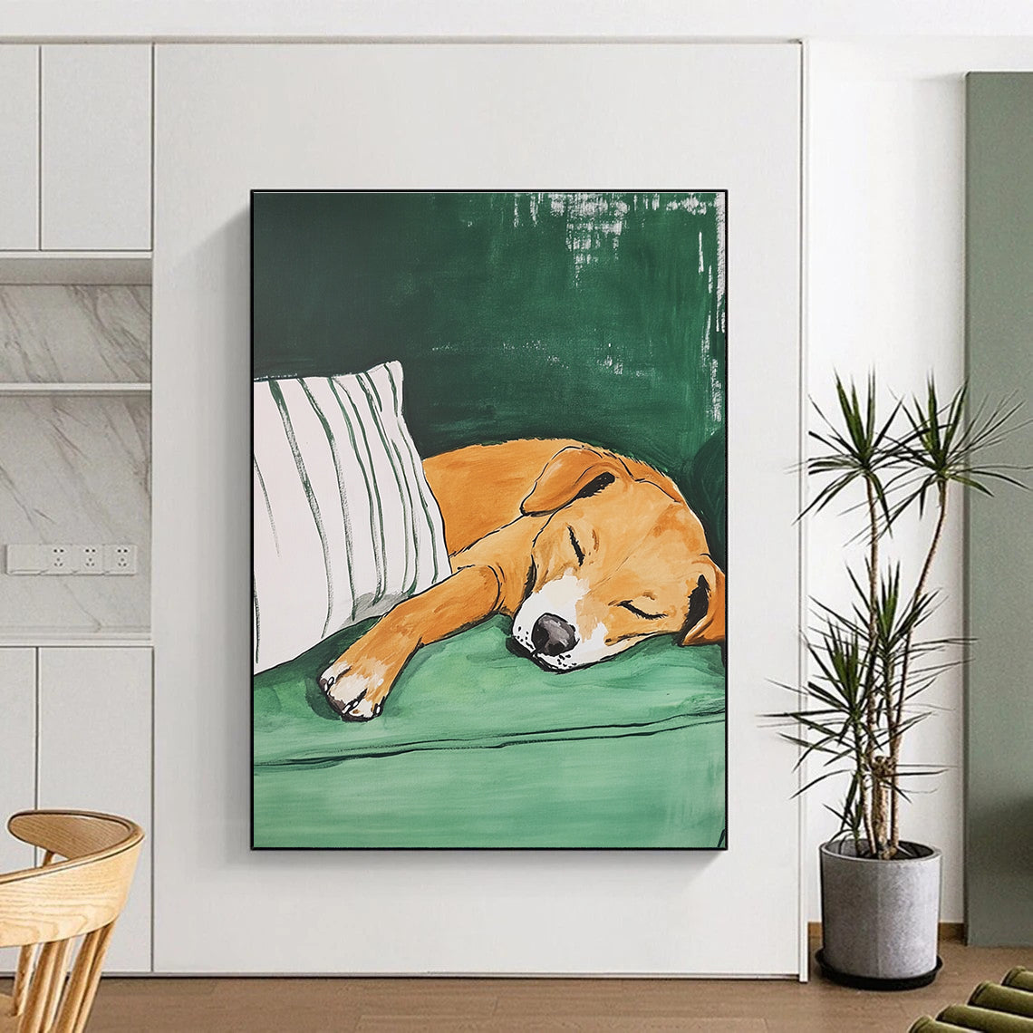 A large abstract painting featuring an amber dog sleeping on a green couch with a striped pillow showcasing visible brush strokes and textured effects.STSC1188