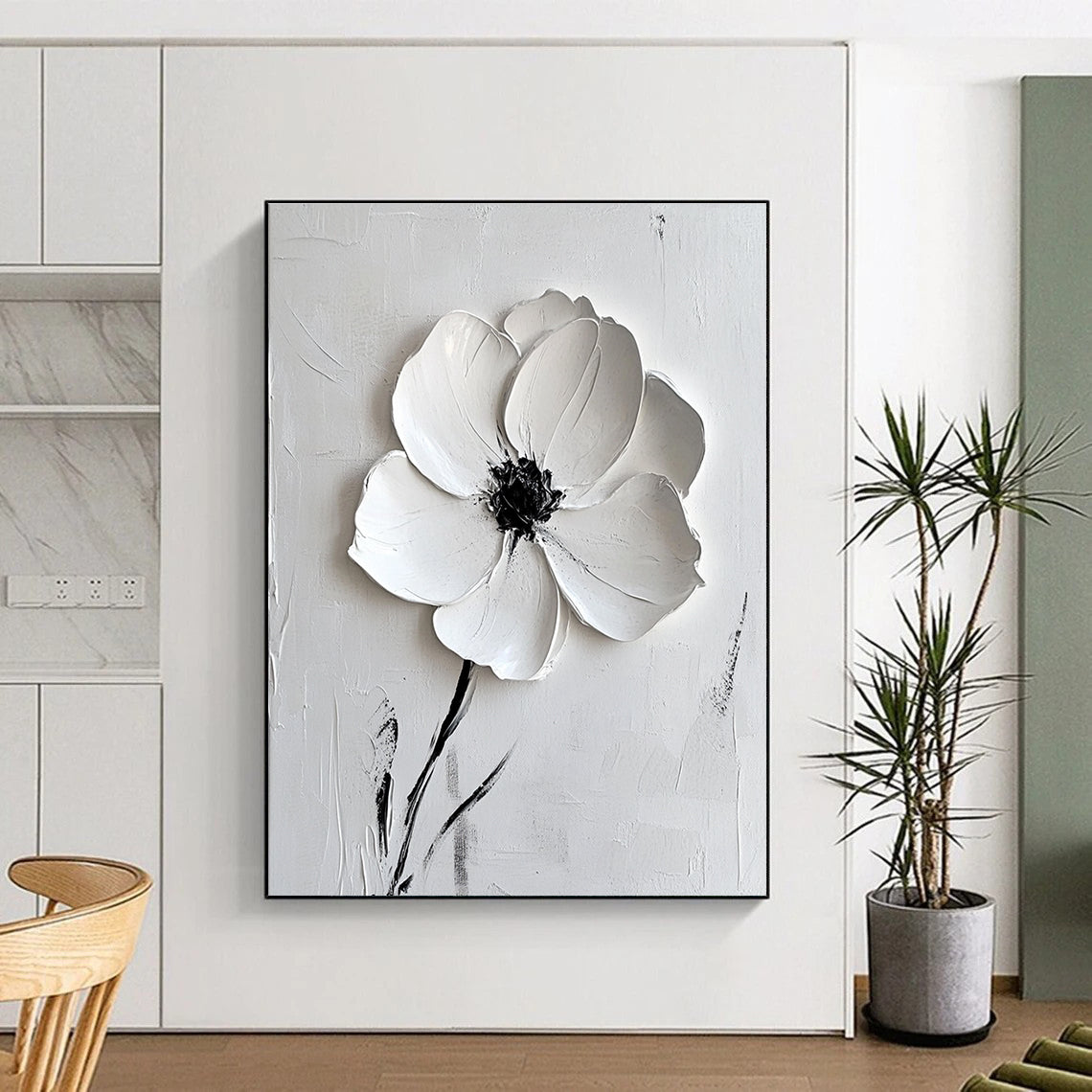 Large abstract white flower painting on canvas with textured brush strokes and elegant minimalist style in white and grey tones.STSC515