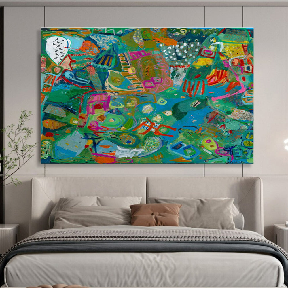 Vibrant Geometric Abstract Painting with Green, Blue, and Pink Tones THY235