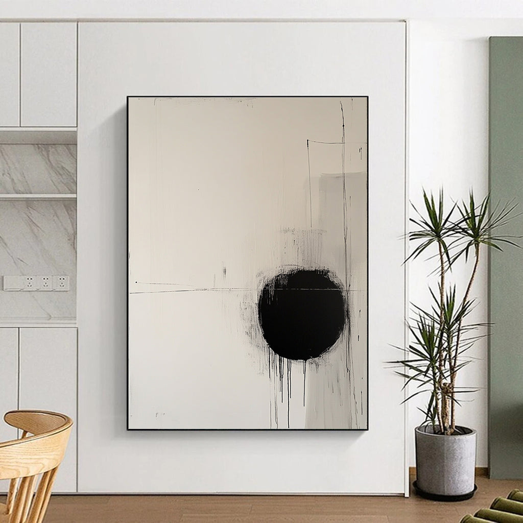 Large abstract painting featuring a round black circle on off-white canvas surrounded by delicate lines evoking movement and tranquility.STSC1067