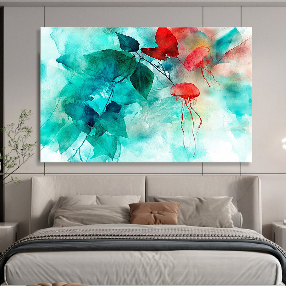 Jellyfish and Leaves Abstract Painting in Teal and Red DYP446