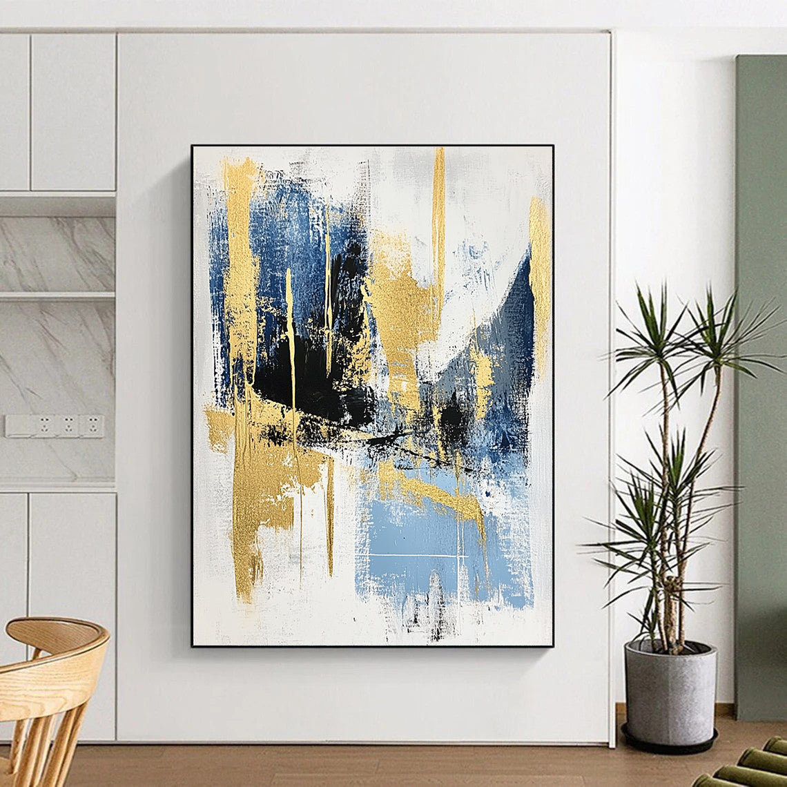 Blue Gold and Black Abstract Painting with Modern Elegance GER523