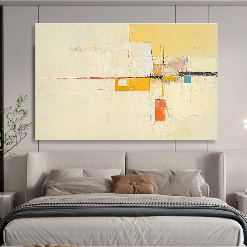 Large abstract painting featuring yellow beige colors thin red line off-white background small blue square soft orange lines geometric shapes and ample white space.SC332
