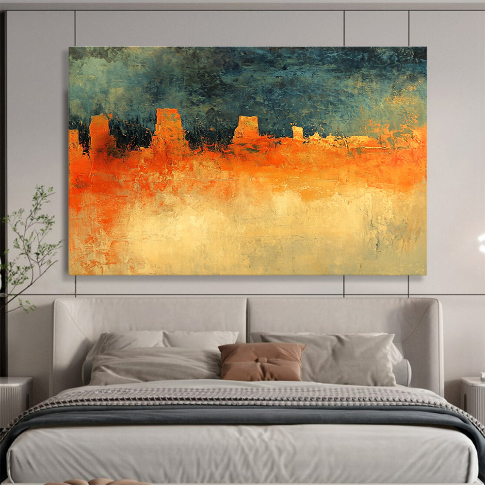 Abstract painting featuring an orange and green landscape under a dark blue sky with grey clouds inspired by Richard Schmid's style.SC165