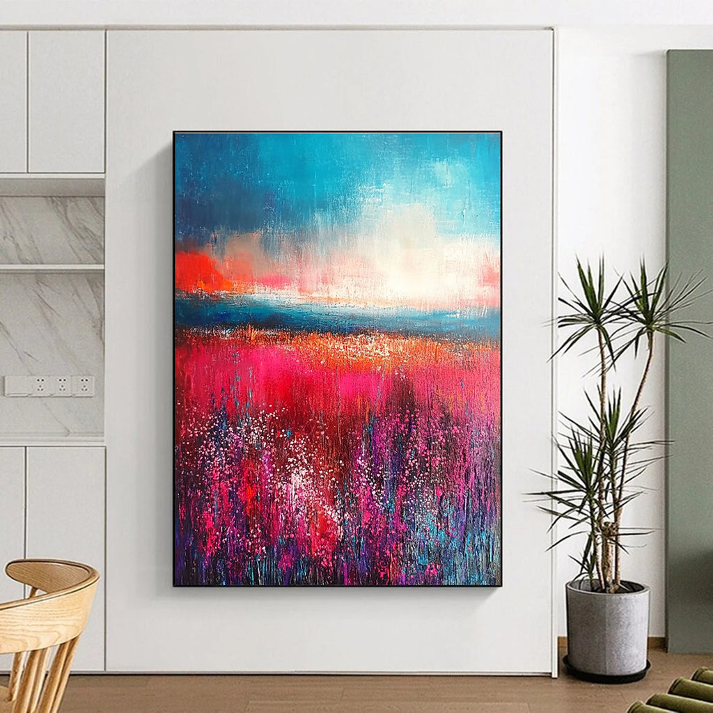 Large abstract painting with thick brush strokes in reds and pinks featuring an aqua blue sky and a detailed field of flowers.STSC117
