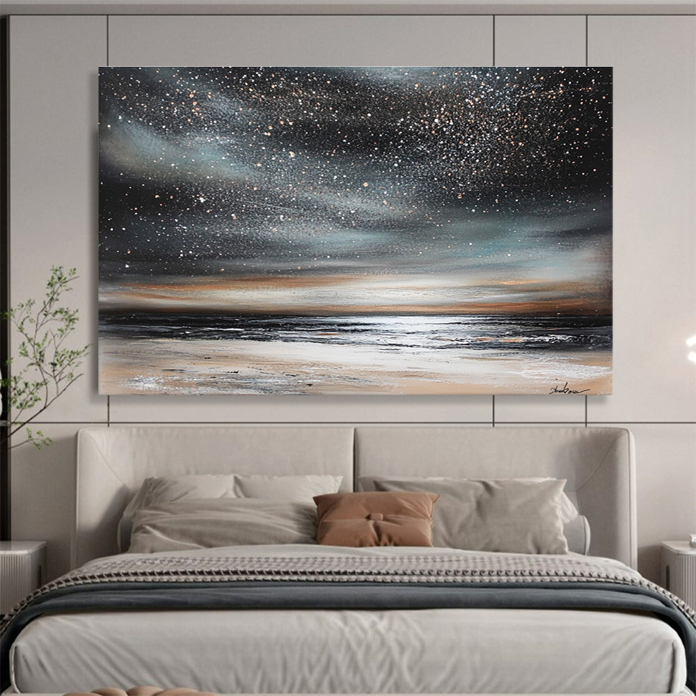 Starry Night Beach Abstract Painting with Dark and Shimmering Tones DYP120