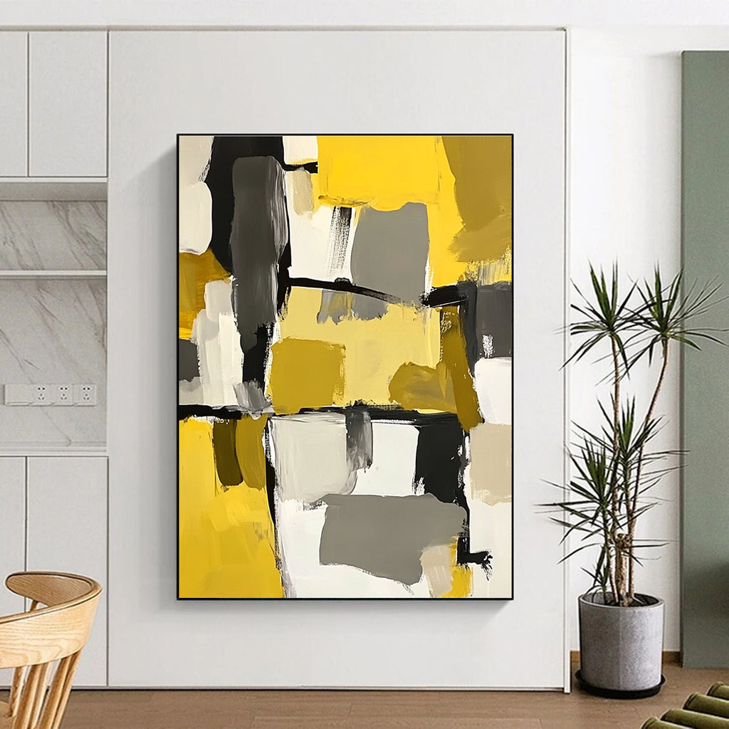 Yellow Gray Black and White Abstract Painting with Geometric Shapes GER646