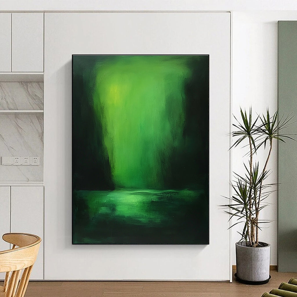 Large abstract painting of a green sea featuring vibrant light and dark colors inspired by Zdzisław Beksiński in oil on canvas.STSC287