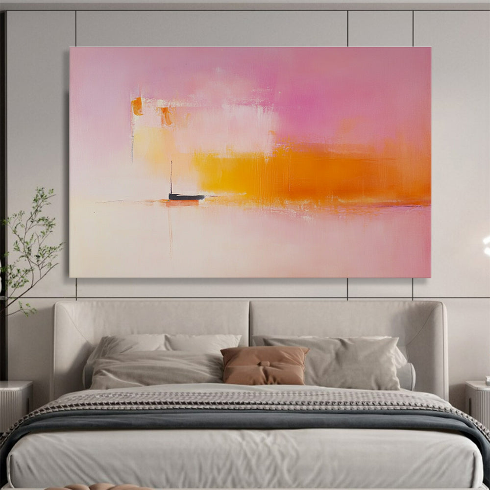 Large abstract painting featuring light pink and orange hues with a small boat on the horizon in a minimalist blurred landscape.SC330