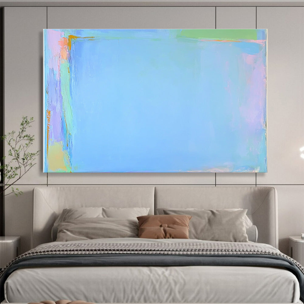 Large abstract painting featuring light blue pink and green with flat shapes broad brushstrokes and subtle gradients on a pale sky-blue border.SC377