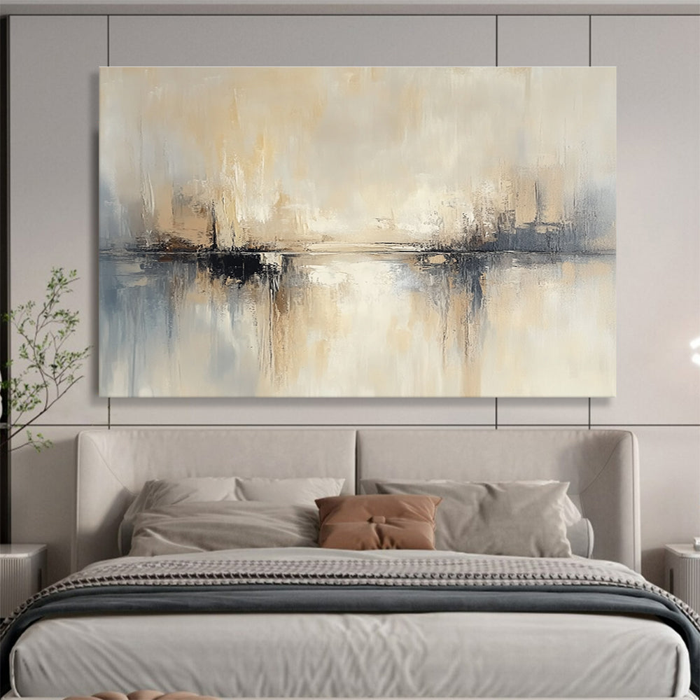Large abstract painting featuring beige and grey tones soft edges and blurry water reflections against a neutral background.SC227