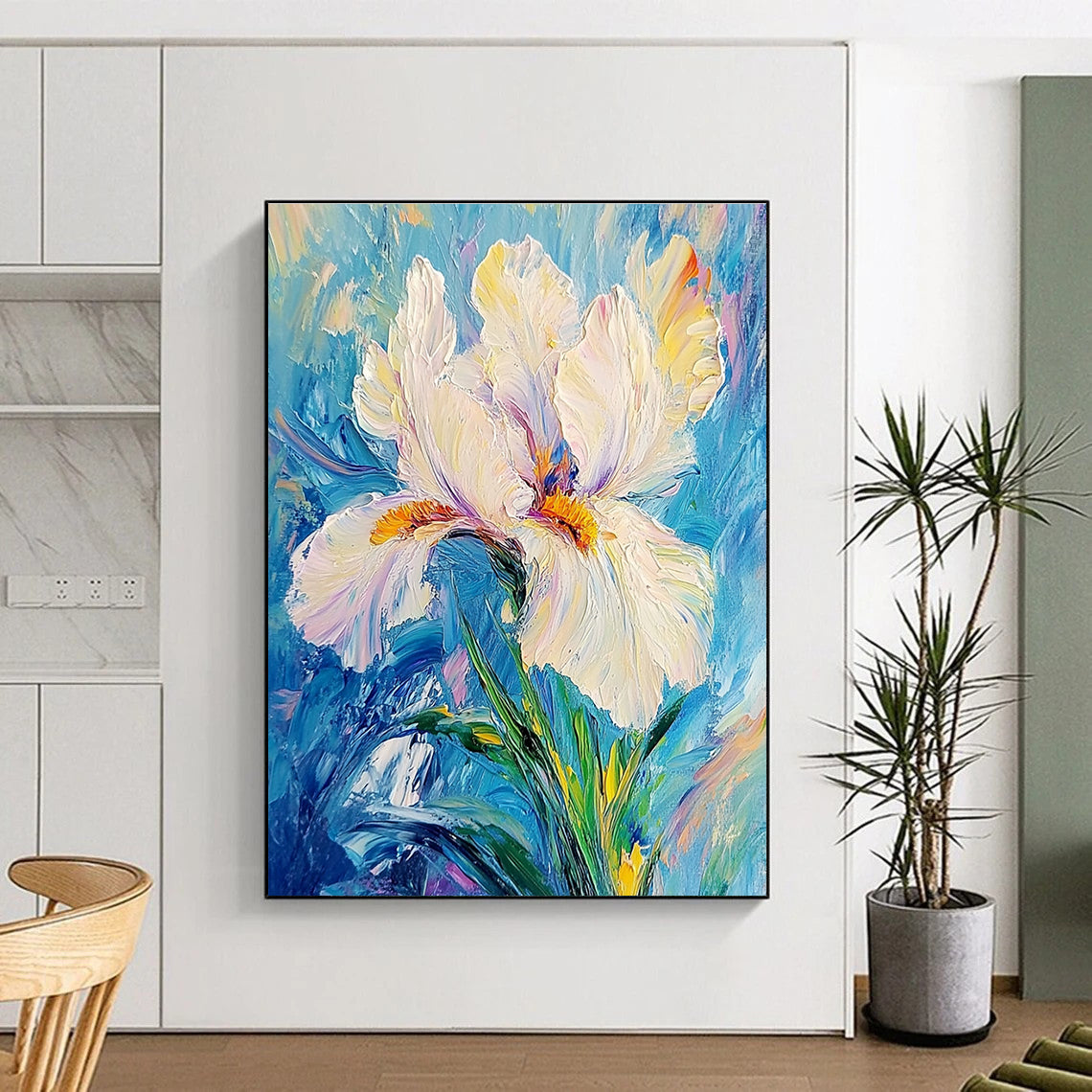 Abstract painting featuring a white iris flower on a blue background with delicate petals vibrant hues and a tranquil elegant composition.STSC1384