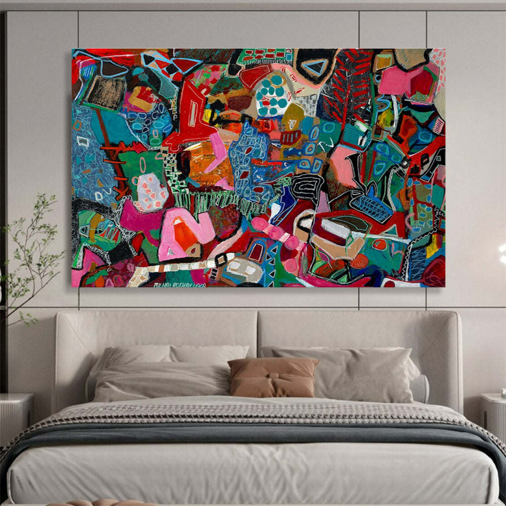 Vibrant Geometric Mosaic Abstract Painting with Bold Color Blocks THY242