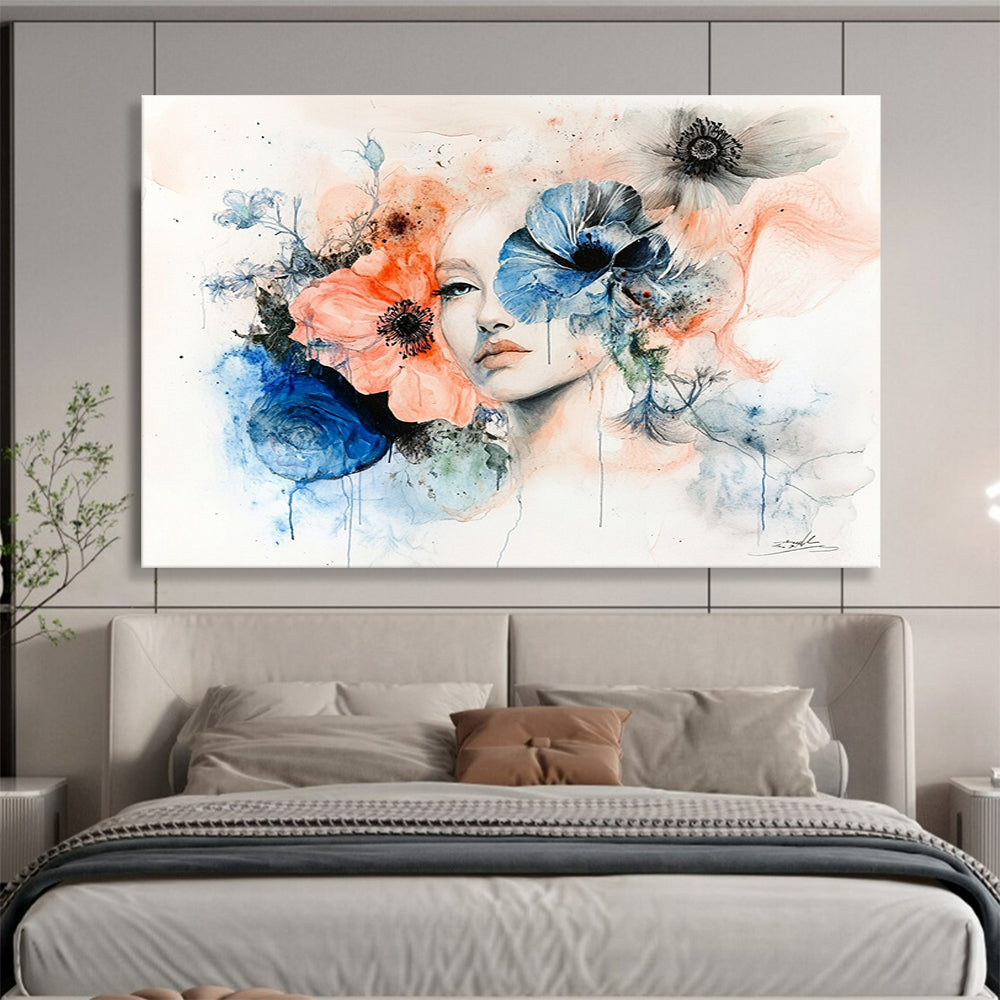 Large abstract painting featuring a woman's face framed by flowers in muted pastels of peach pink blue and grey on a white background.SC566