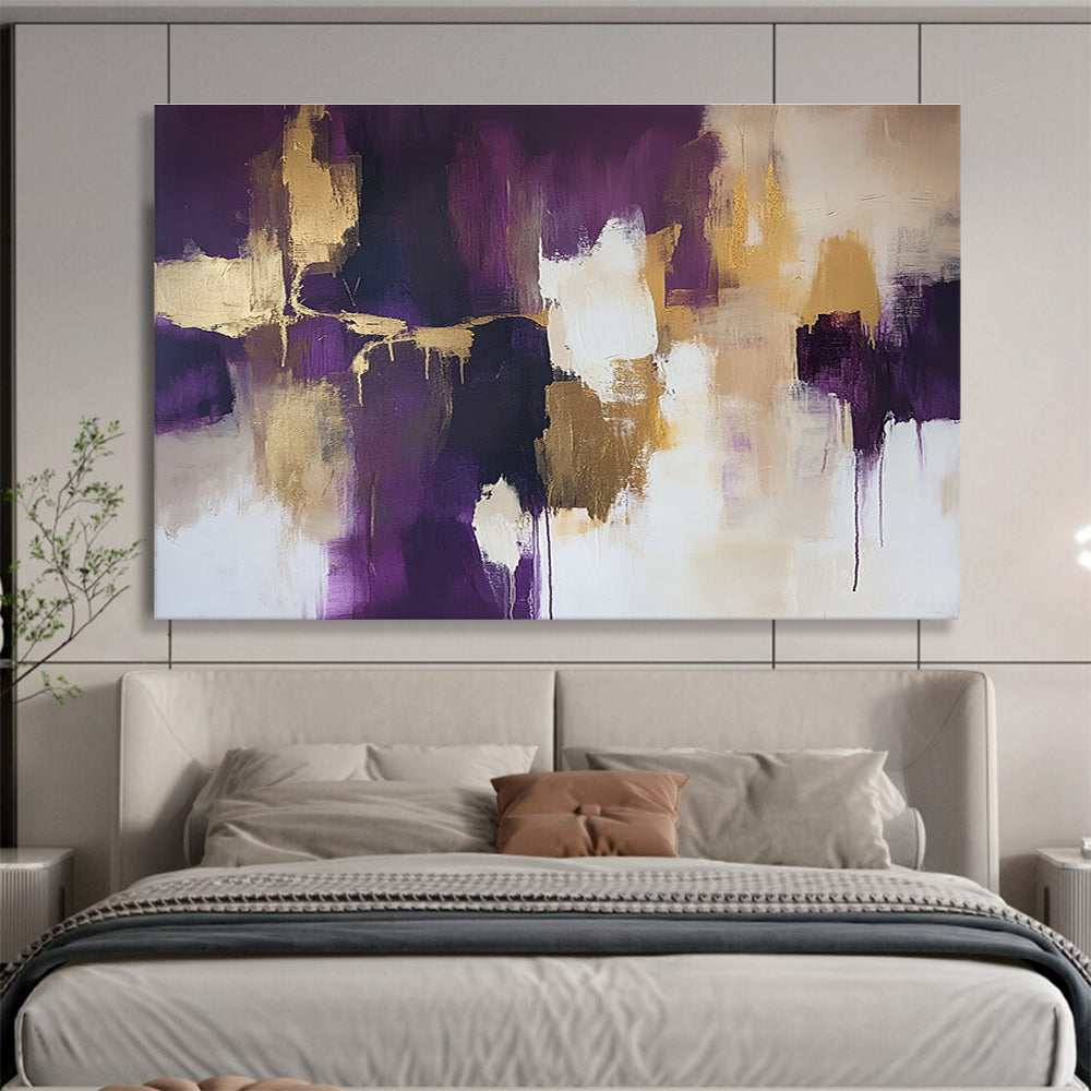 Large abstract painting with gold leaf highlights in shades of purple and beige accented by soft white edges creating a stunning composition.SC237