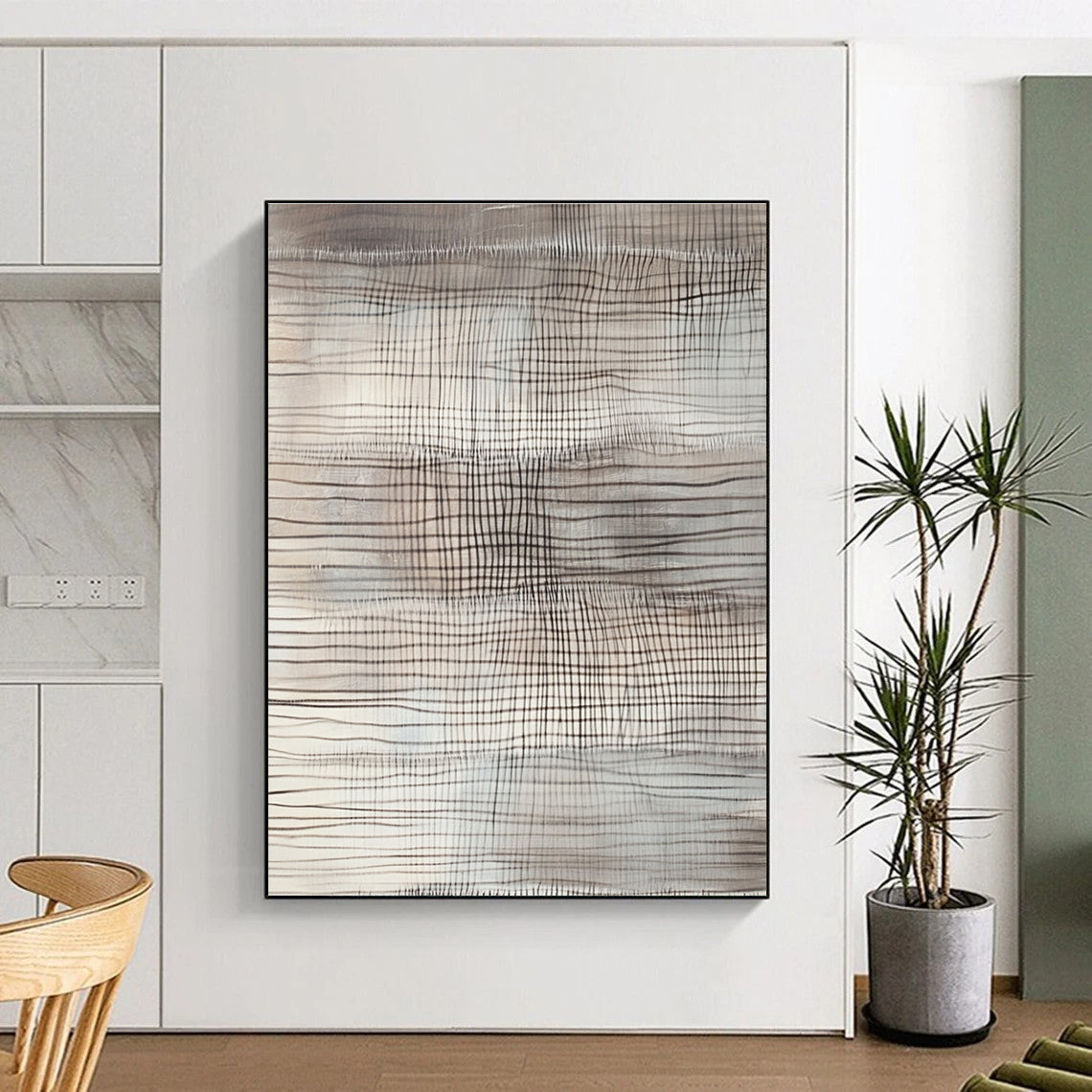 Large abstract painting with gray and white lines featuring textured patterns and horizontal stripes resembling undulating hills or mountains with dark contrasting shadows.STSC1439
