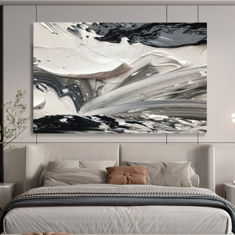 Monochrome Texture Abstract Painting with Black and White Swirls THY314