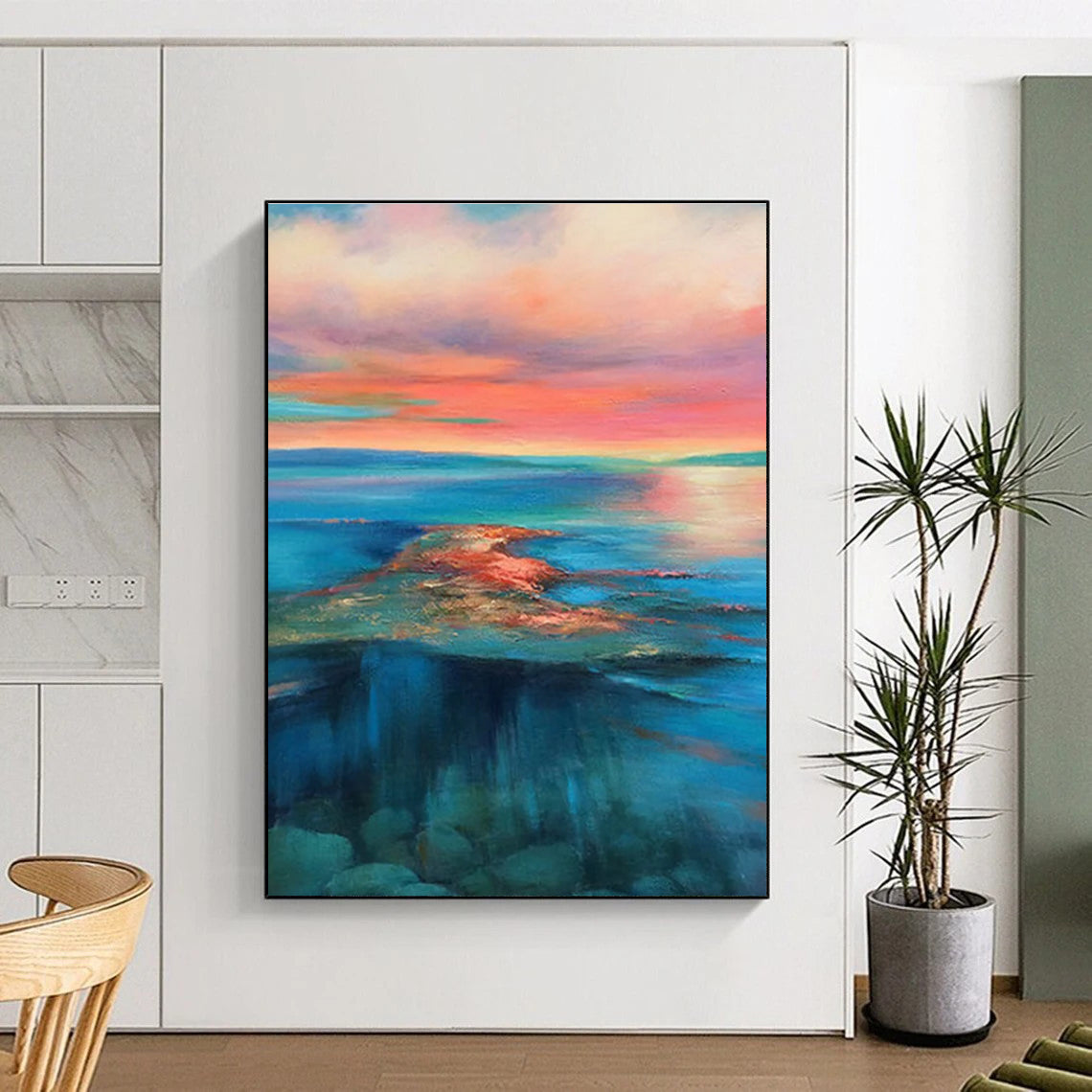 Pink Orange Blue Sea Sunset Abstract Painting ADGE018