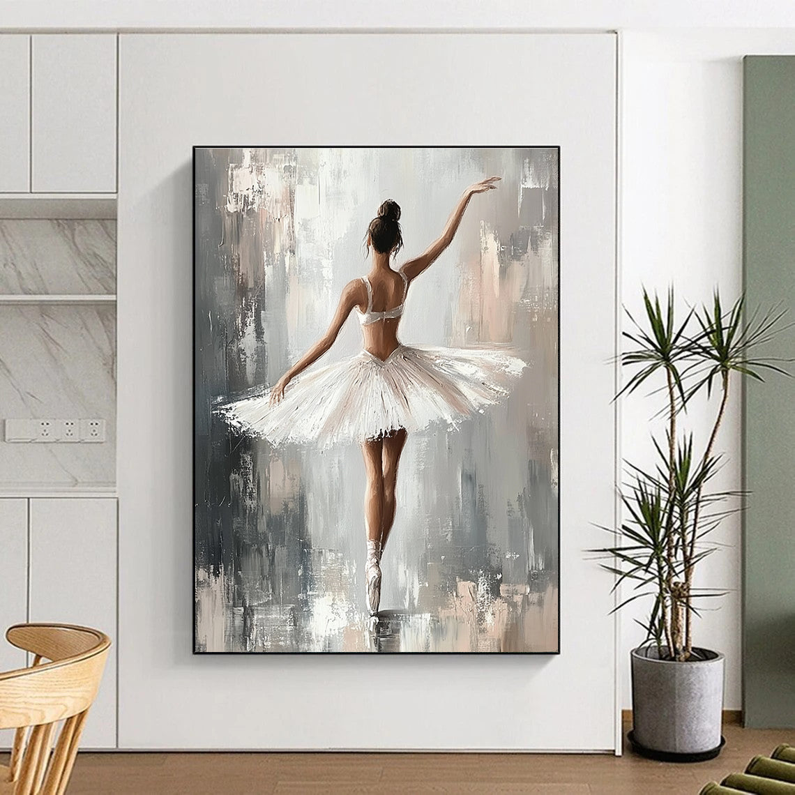 Large abstract painting of a ballerina in a white tutu with soft brush strokes on a grey background featuring a neutral color palette and canvas texture.STSC1380