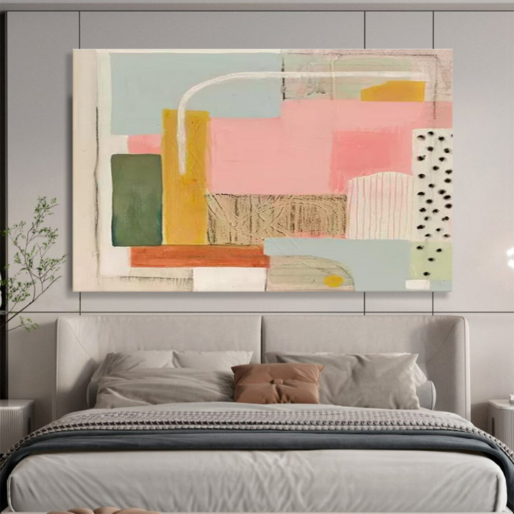 Pastel Geometry Abstract Painting with Pink, Green, and Yellow Tones THY204