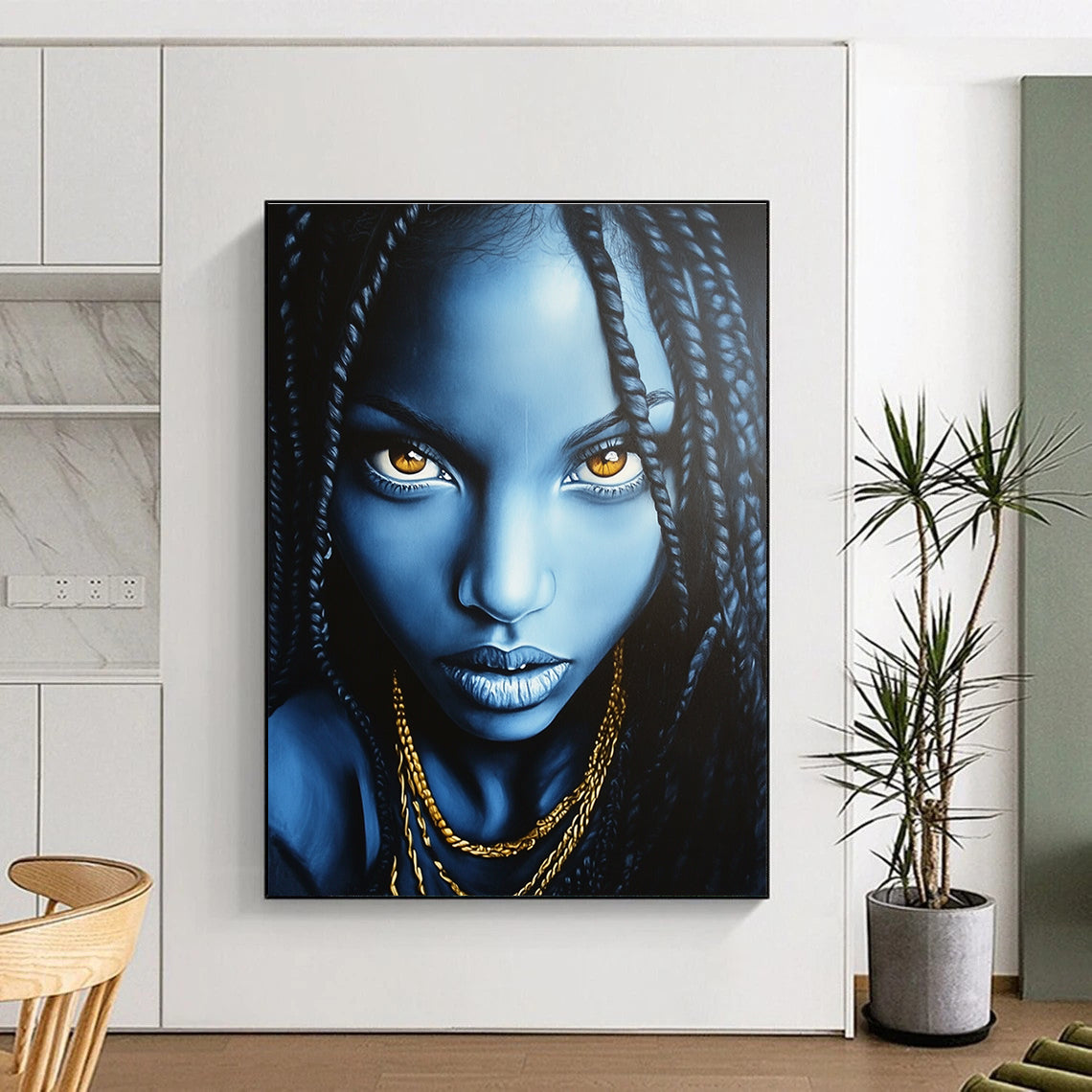 Abstract painting featuring an African American woman with long black braids and glowing blue face against a dark gray background adorned with gold necklaces.STSC1273