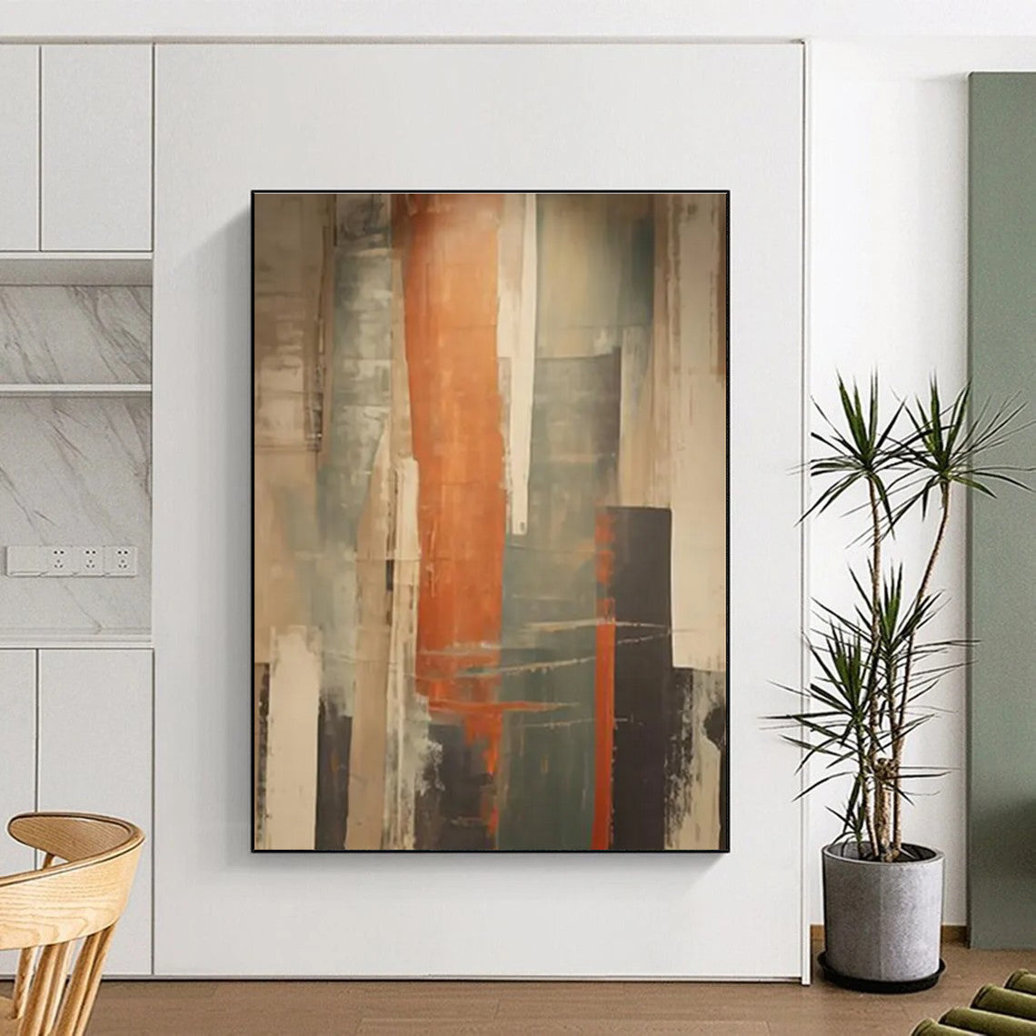 Vertical Color Streaks Abstract Painting with Orange, Gray, and Beige ADGE113