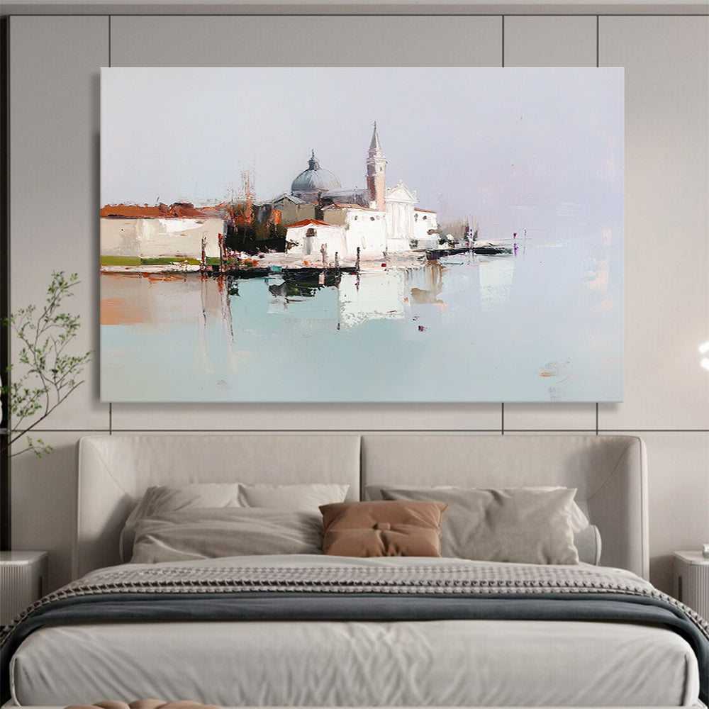 An abstract oil painting featuring a tranquil Venetian island with white buildings, showcasing minimal brush strokes and muted colors in a harmonious composition.SC410