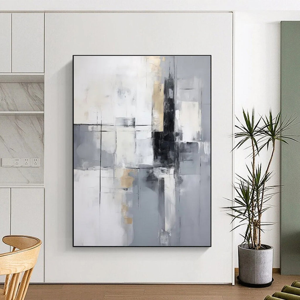 Gray and Gold Geometric Abstract Painting with Black Accents ADGE138