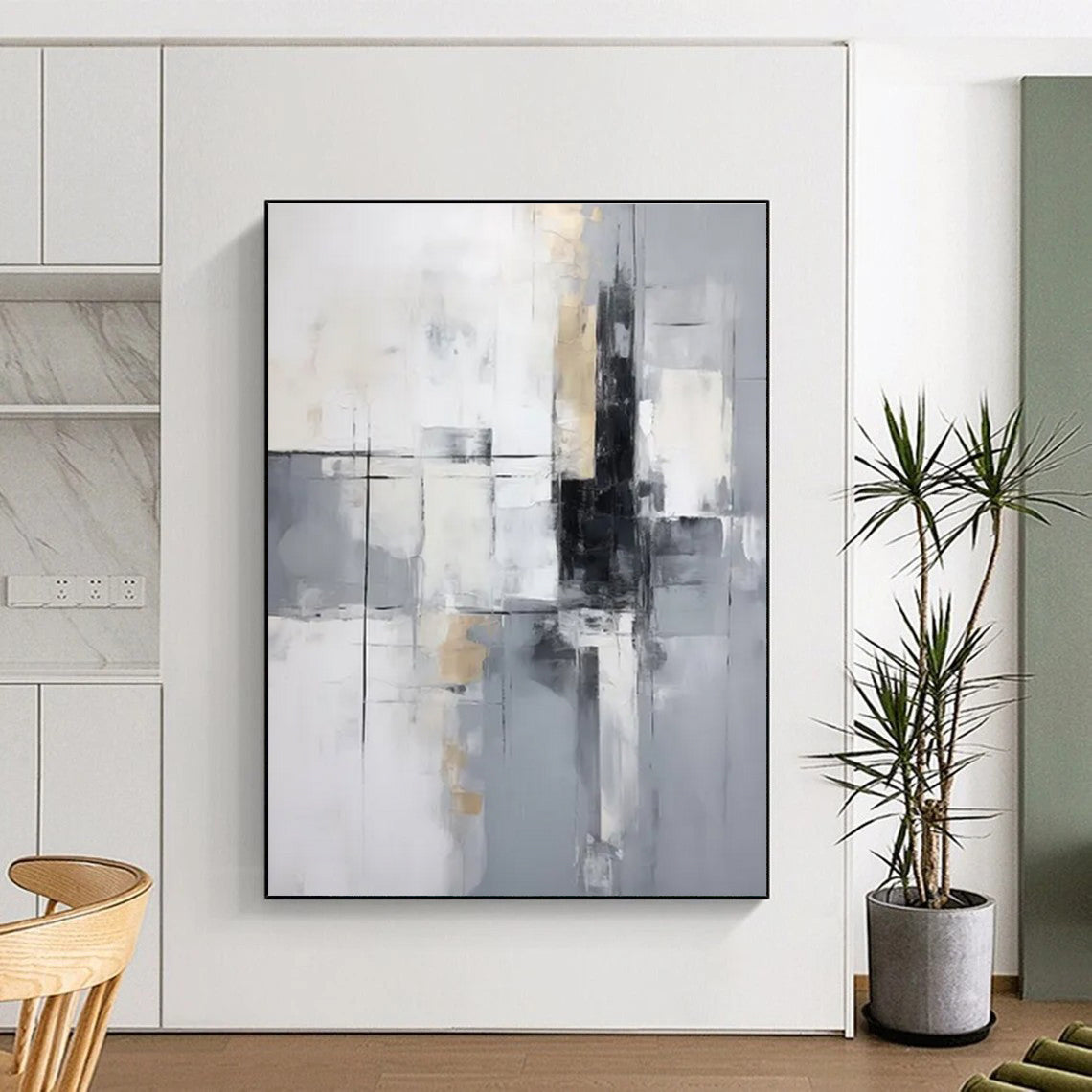 Gray and Gold Geometric Abstract Painting with Black Accents ADGE138