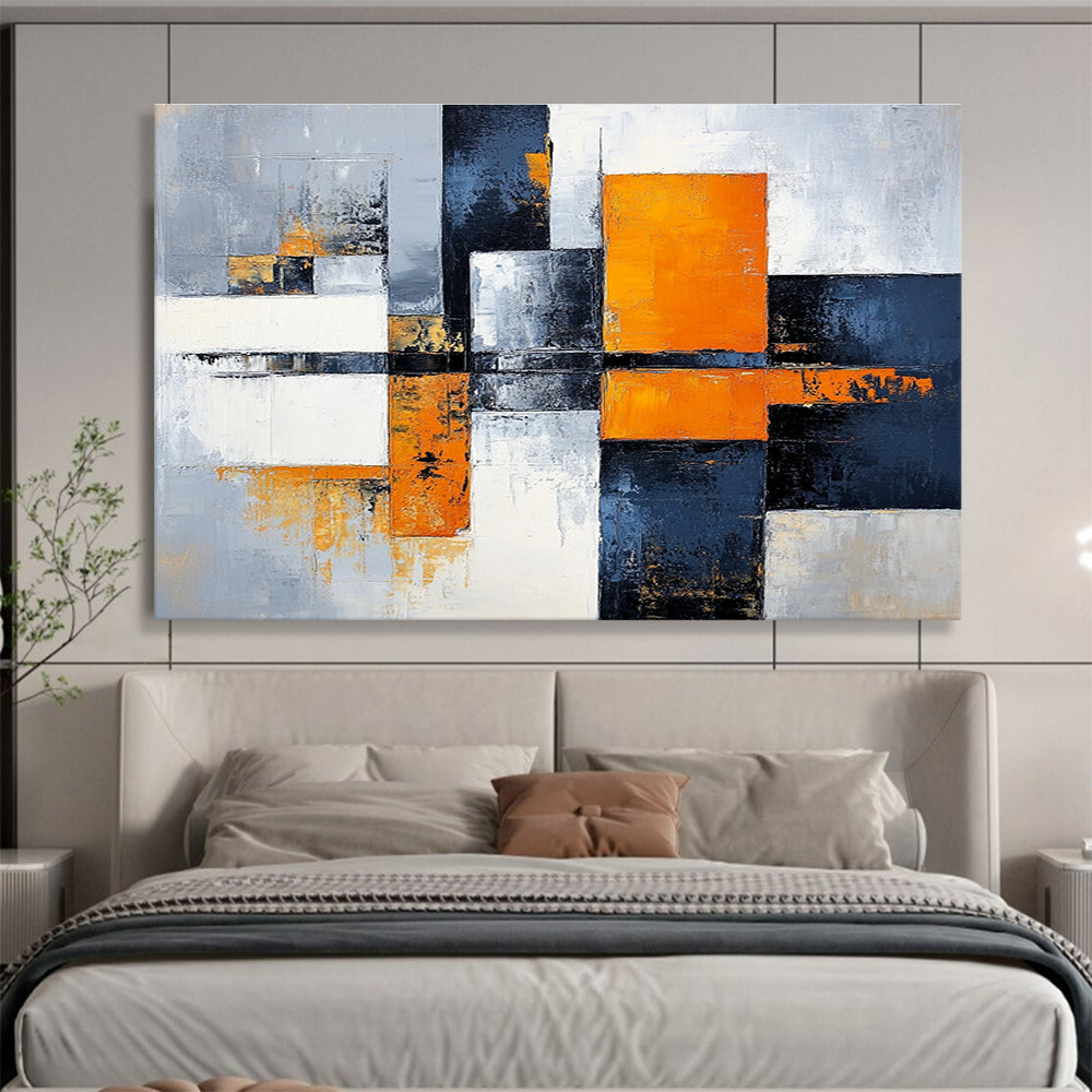 Large abstract painting featuring gray, white, and orange color blocks with a calming cityscape background, offering a sense of harmony and balance.SC100