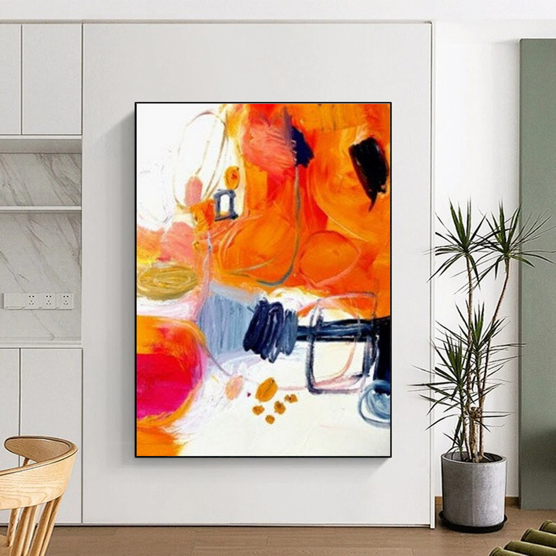 Vibrant Orange Abstract Painting with Mixed Shapes ADGE272