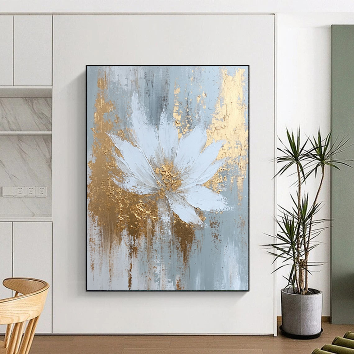 Large abstract painting featuring white and gold hues with textured brush strokes and atmospheric effects in a dreamy misty style.STSC381