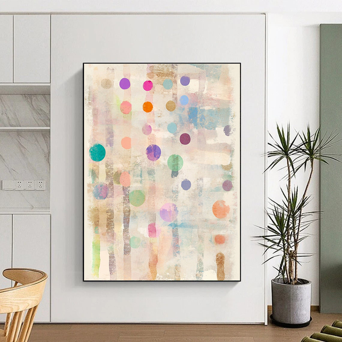 Large abstract painting on paper with pastel polka dots and stripes adorned with tiny hearts and stars at each dot's edge.STSC722