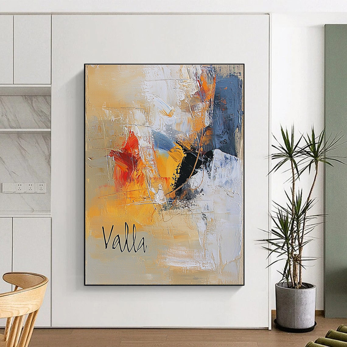 Large abstract oil painting in warm beige and cool whites features cursive "Valla" with textured brushstrokes and two happy figures in black attire.STSC580