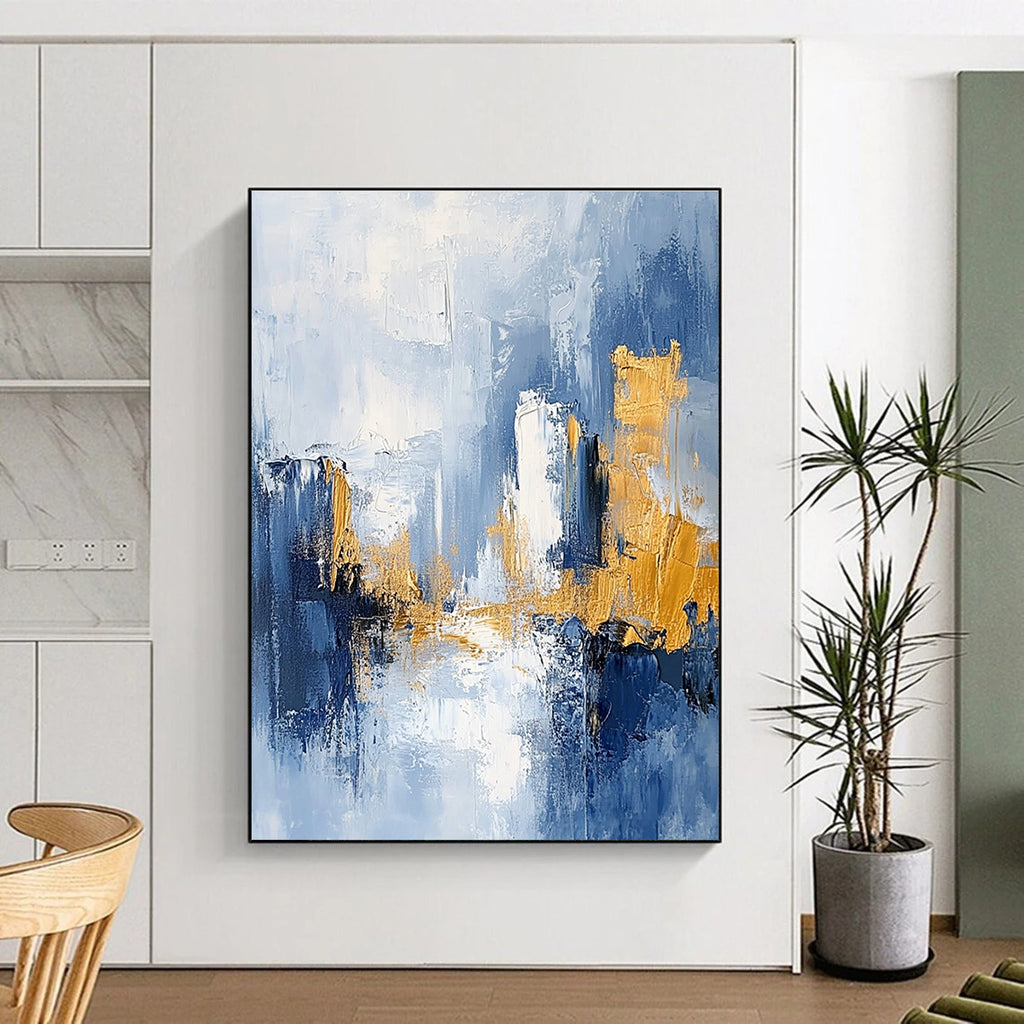 Sky Blue and Gold Abstract Painting with Urban Skylines GER378