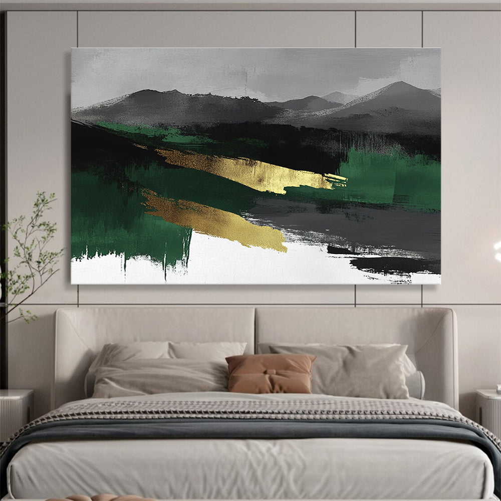 Large abstract watercolor landscape in green, black, and gray with gold accents, perfect for modern decor.SC050