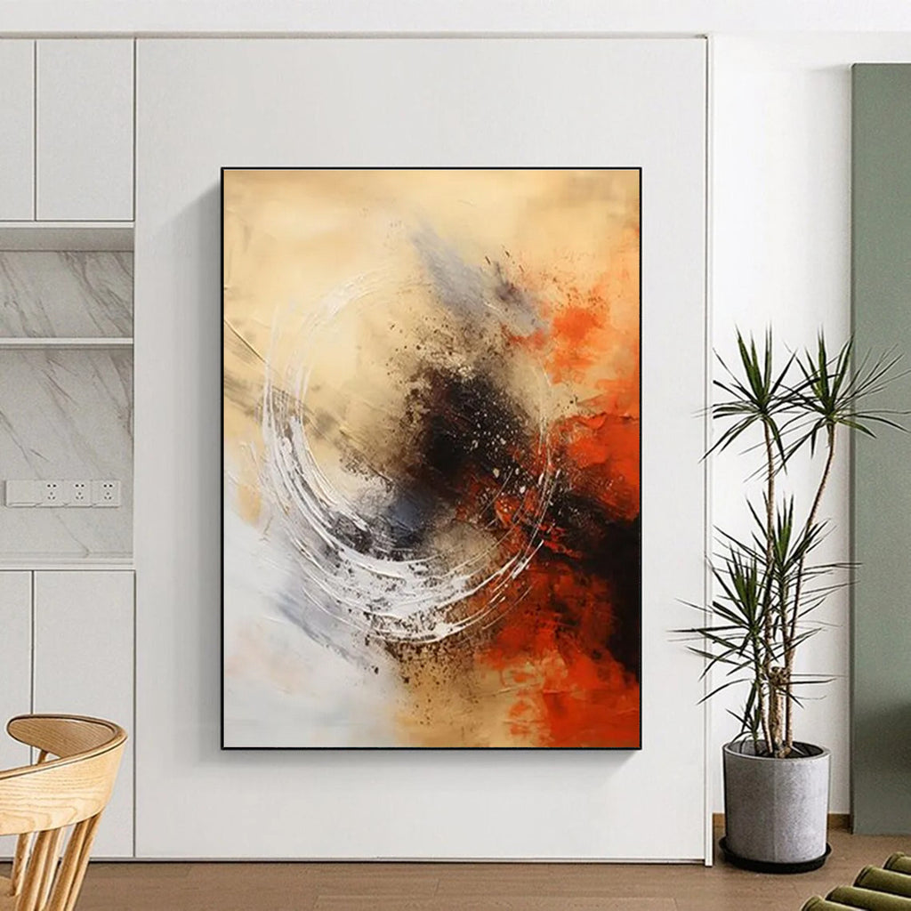 Circular Motion in Warm Hues Abstract Painting with Beige, Orange, and Black ADGE121