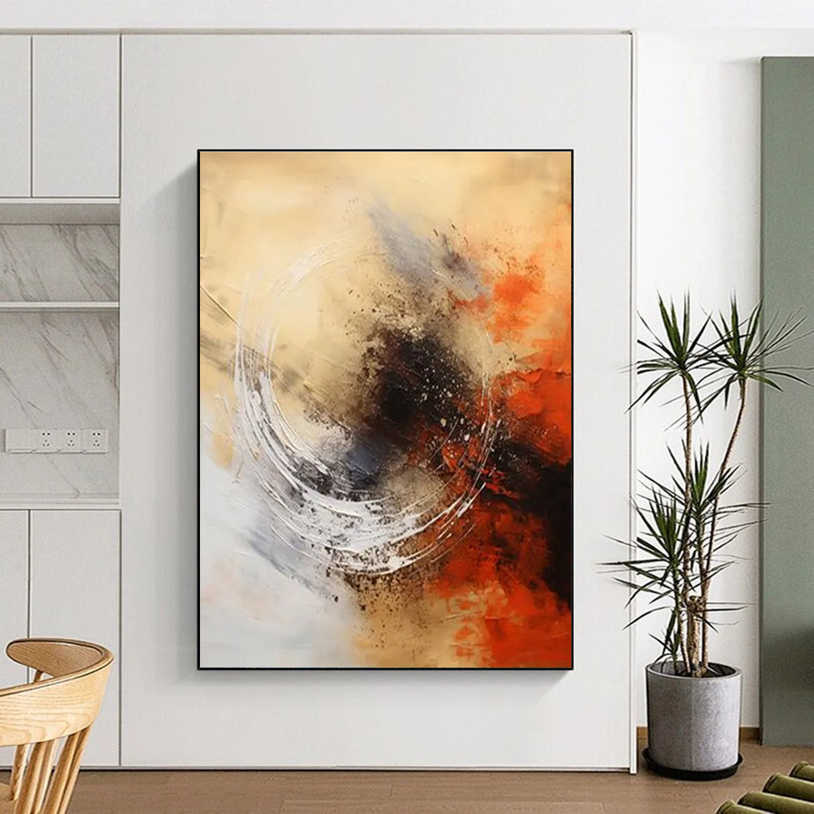 Circular Motion in Warm Hues Abstract Painting with Beige, Orange, and Black ADGE121