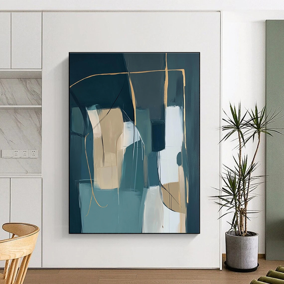 Teal and Beige Abstract Painting with Geometric Lines GER463