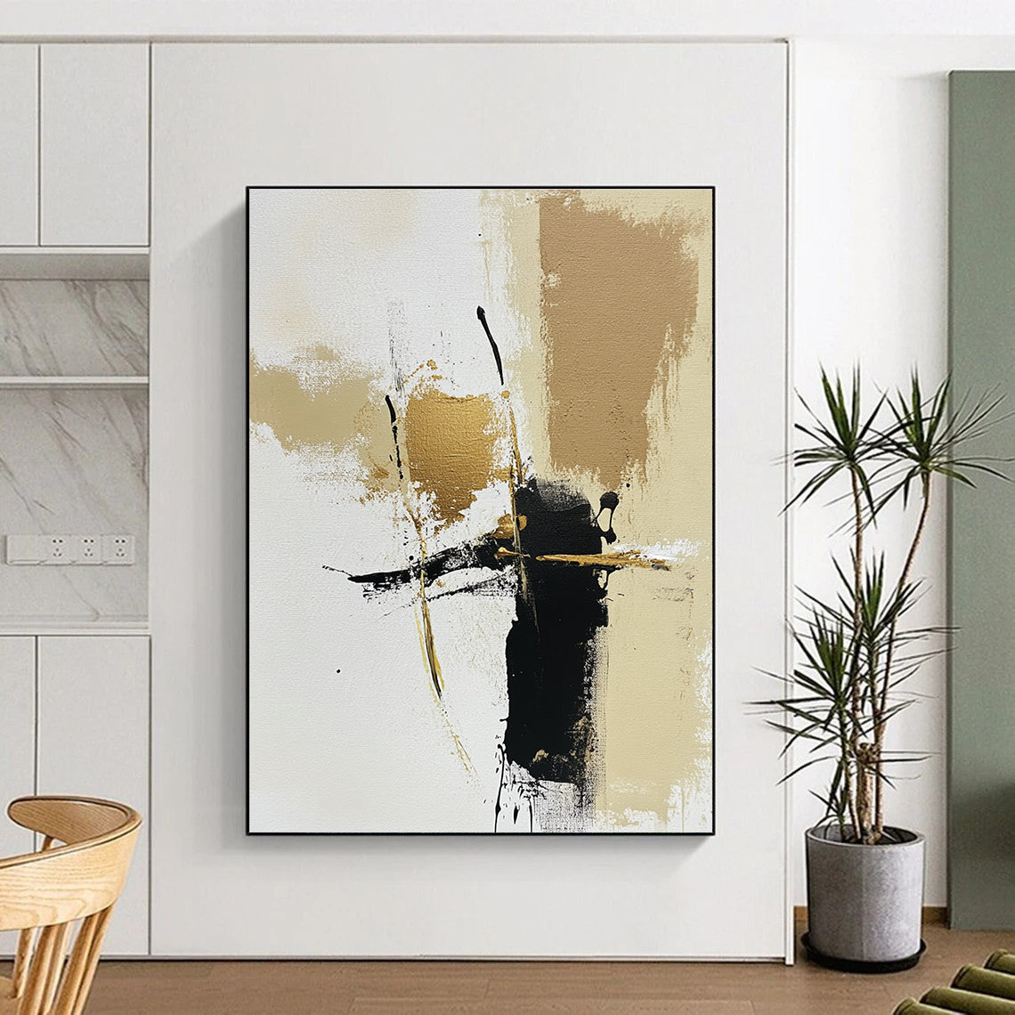Large abstract painting featuring neutral tones with gold accents on a beige and white background highlighted by brown and black lines and brush strokes.STSC776