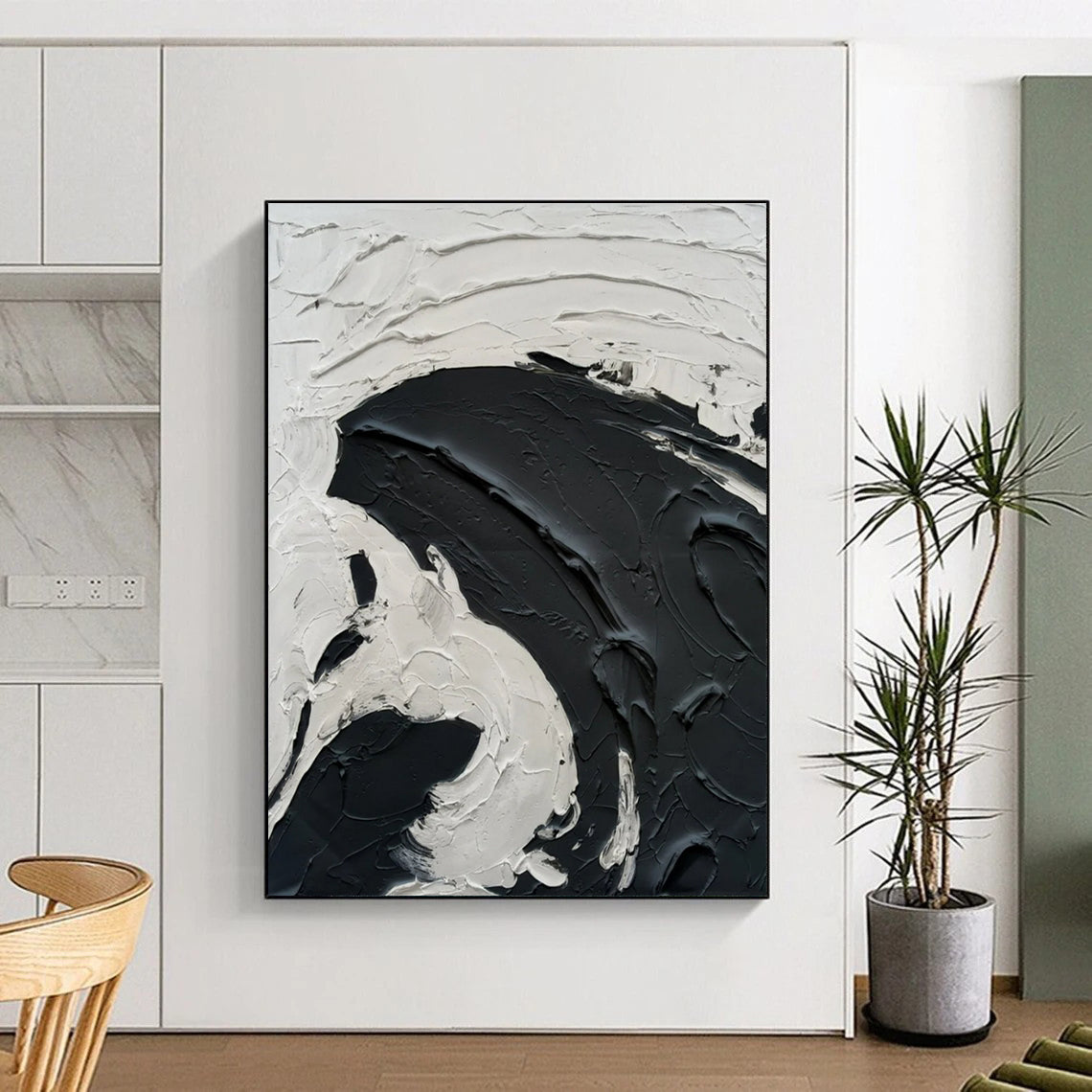 Black and White Bold Textured Swirl Abstract Painting ADGE389