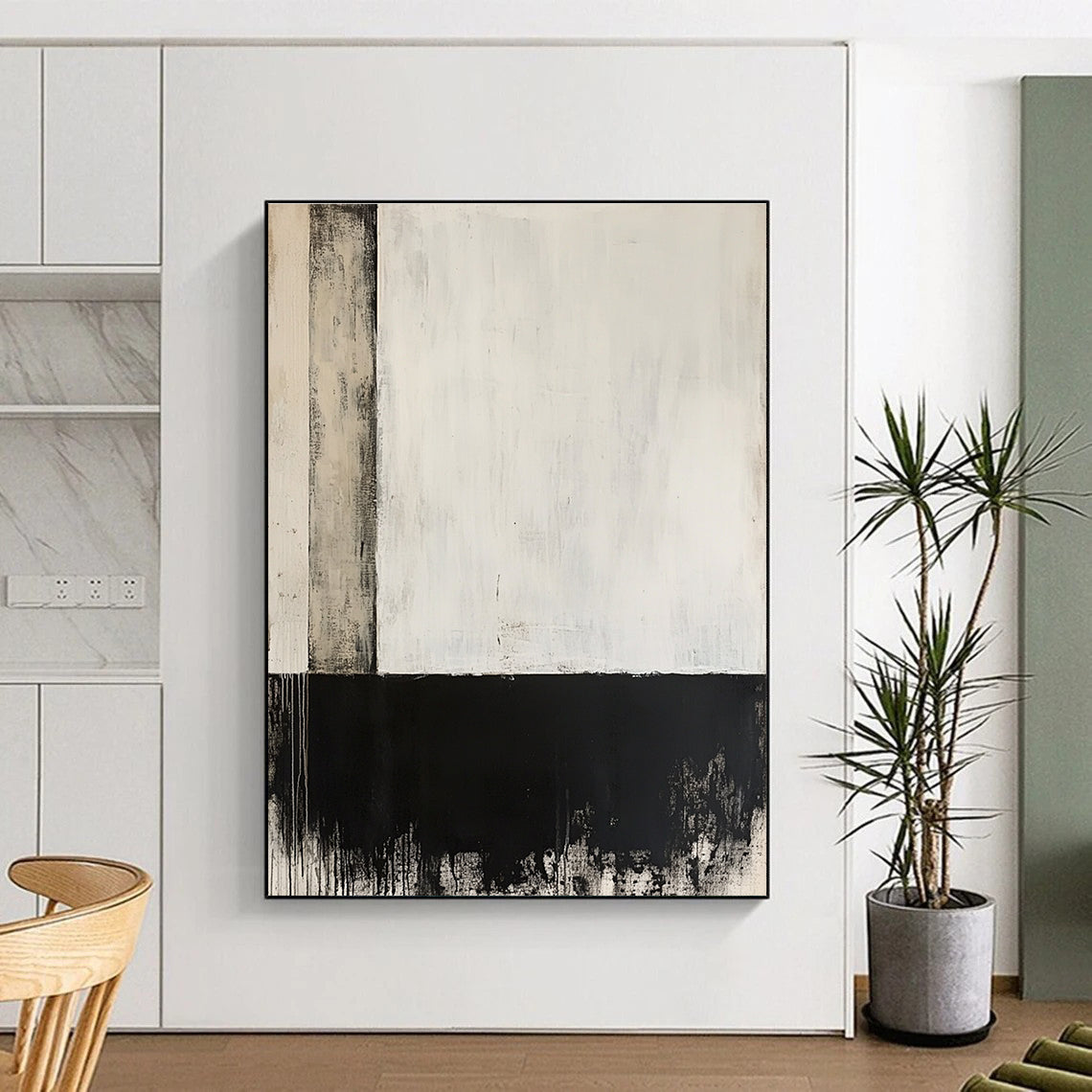 Large abstract painting in black and white features a single vertical line with gray and darker blocks below on an off-white background.STSC235