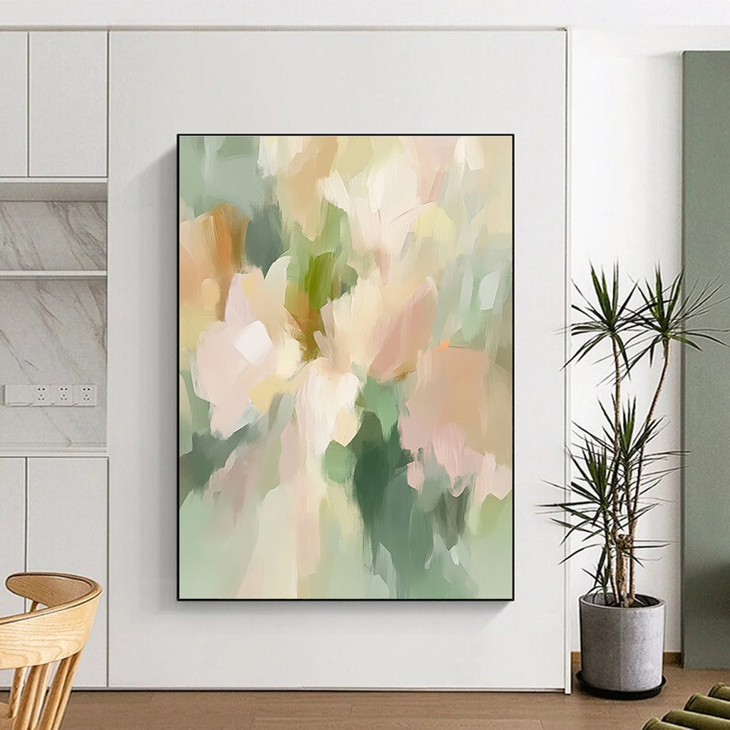 Light Green and Pastel Flower Abstract Painting with Dreamy Tones GER414
