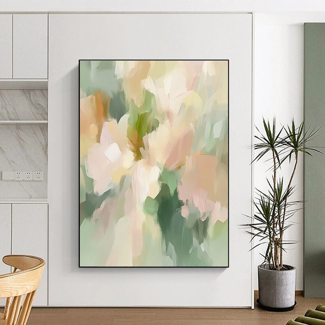 Light Green and Pastel Flower Abstract Painting with Dreamy Tones GER414